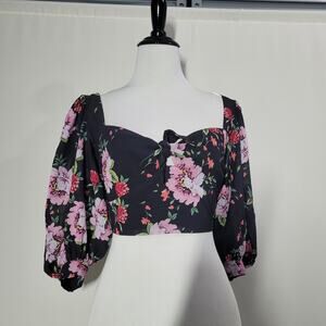 Yumi Kim Norma Jean Crop Top Tie Front Puffy Sleeves Floral Garland Black Small
